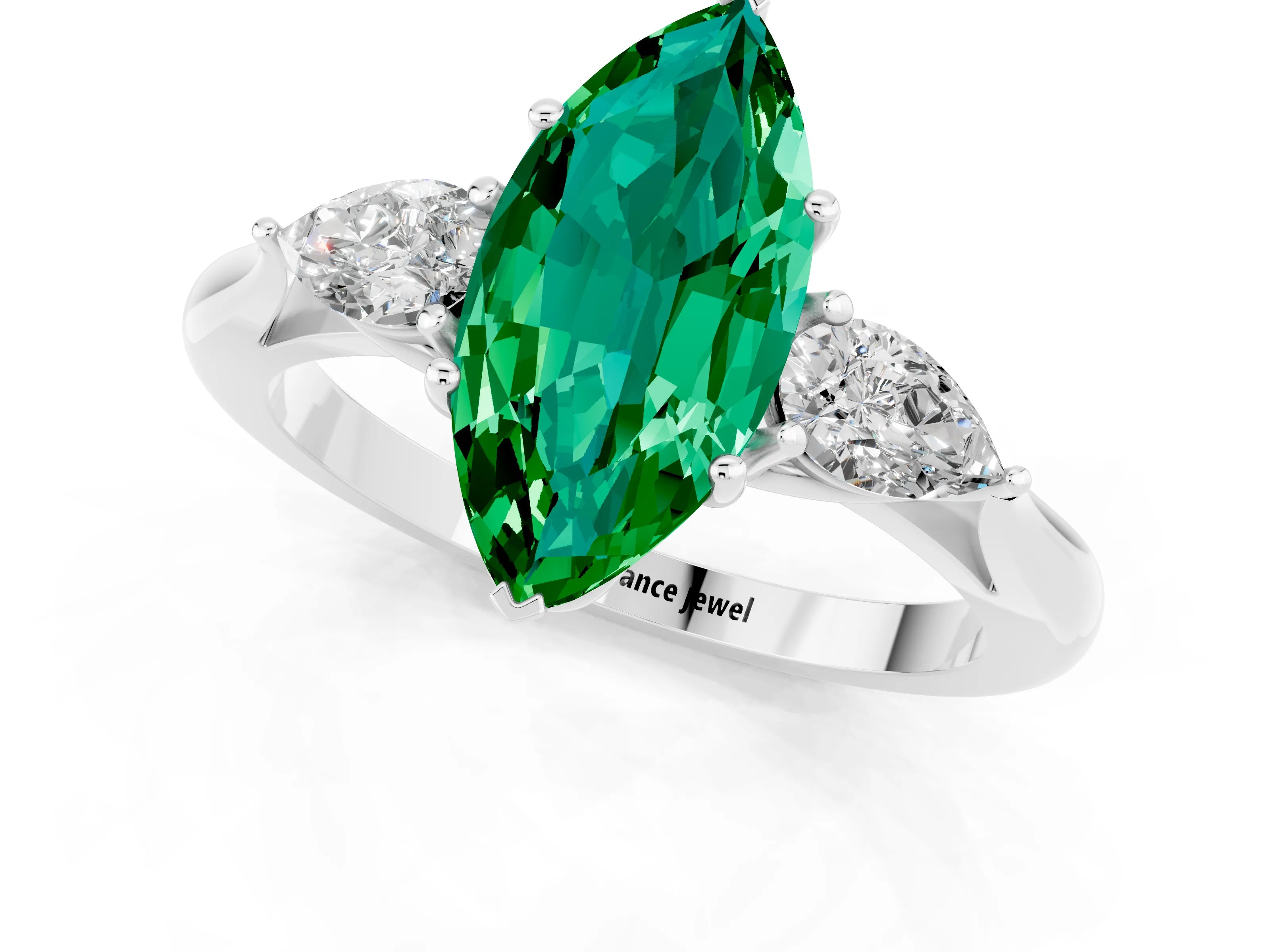 White gold Marquise Cut Emerald Three-Stone Ring with Pear Side Stones and Four-Prong Setting_13