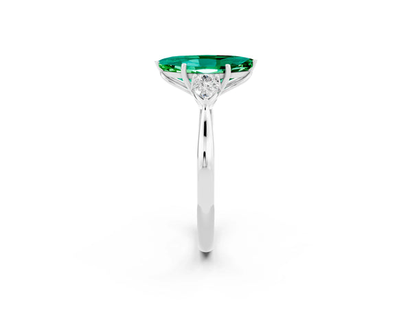 Silver Marquise Cut Emerald Three-Stone Ring with Pear  Side Stones and Prong Setting
