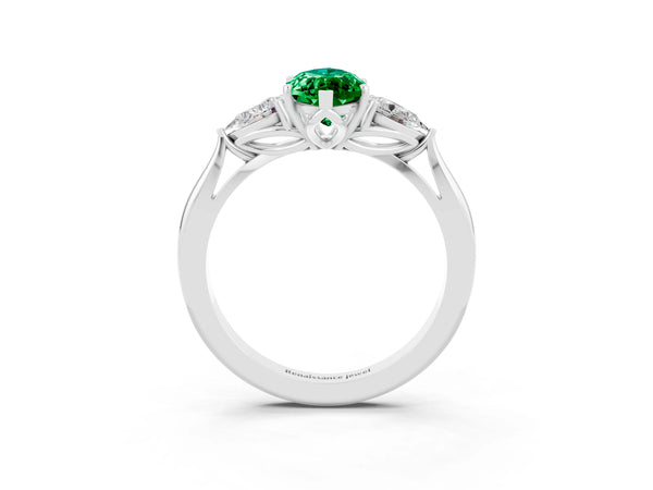 Platinum Marquise Cut Emerald Three-Stone Ring with Pear  Side Stones and Prong Setting
