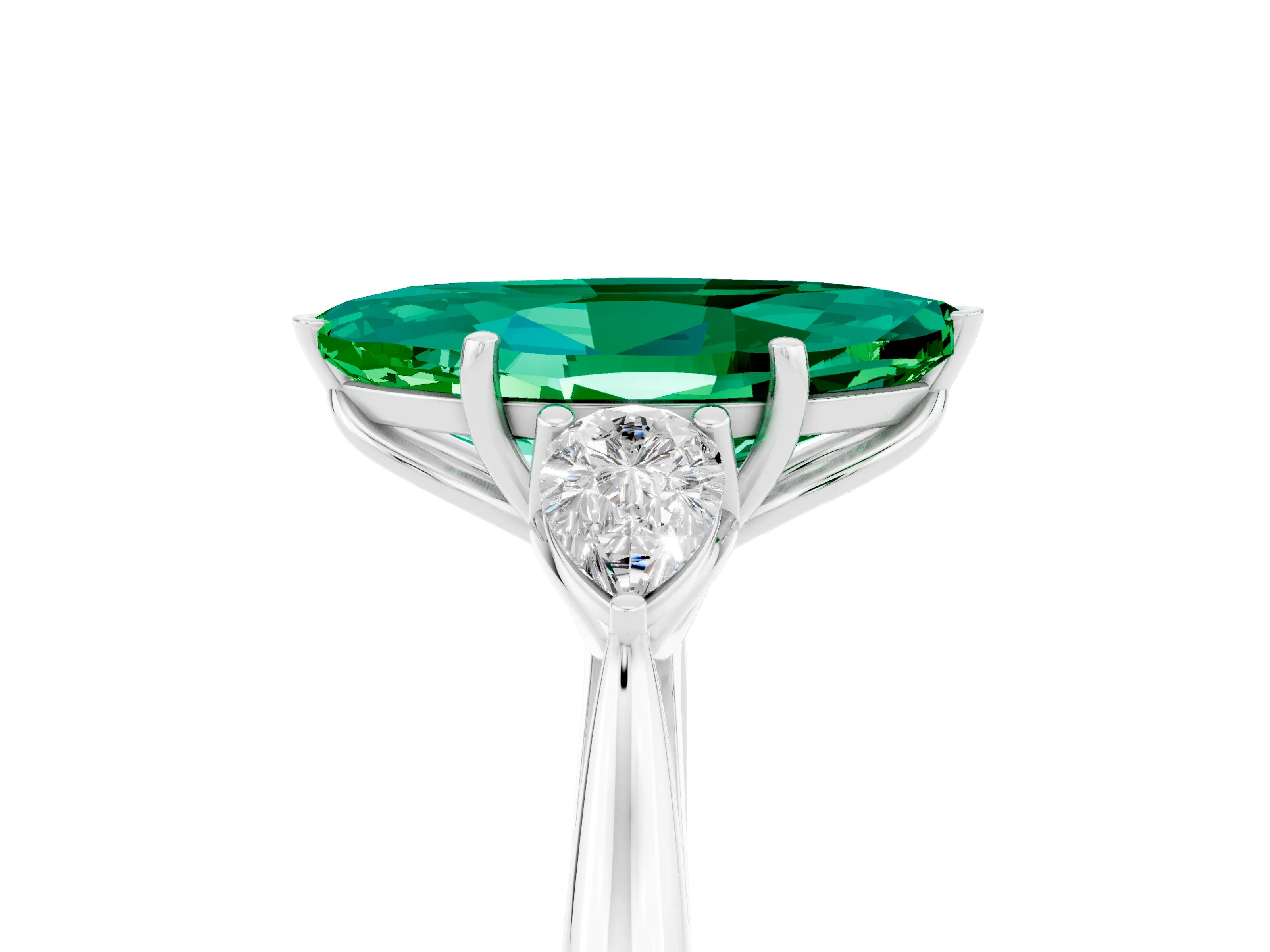 White gold Marquise Cut Emerald Three-Stone Ring with Pear Side Stones and Four-Prong Setting_17