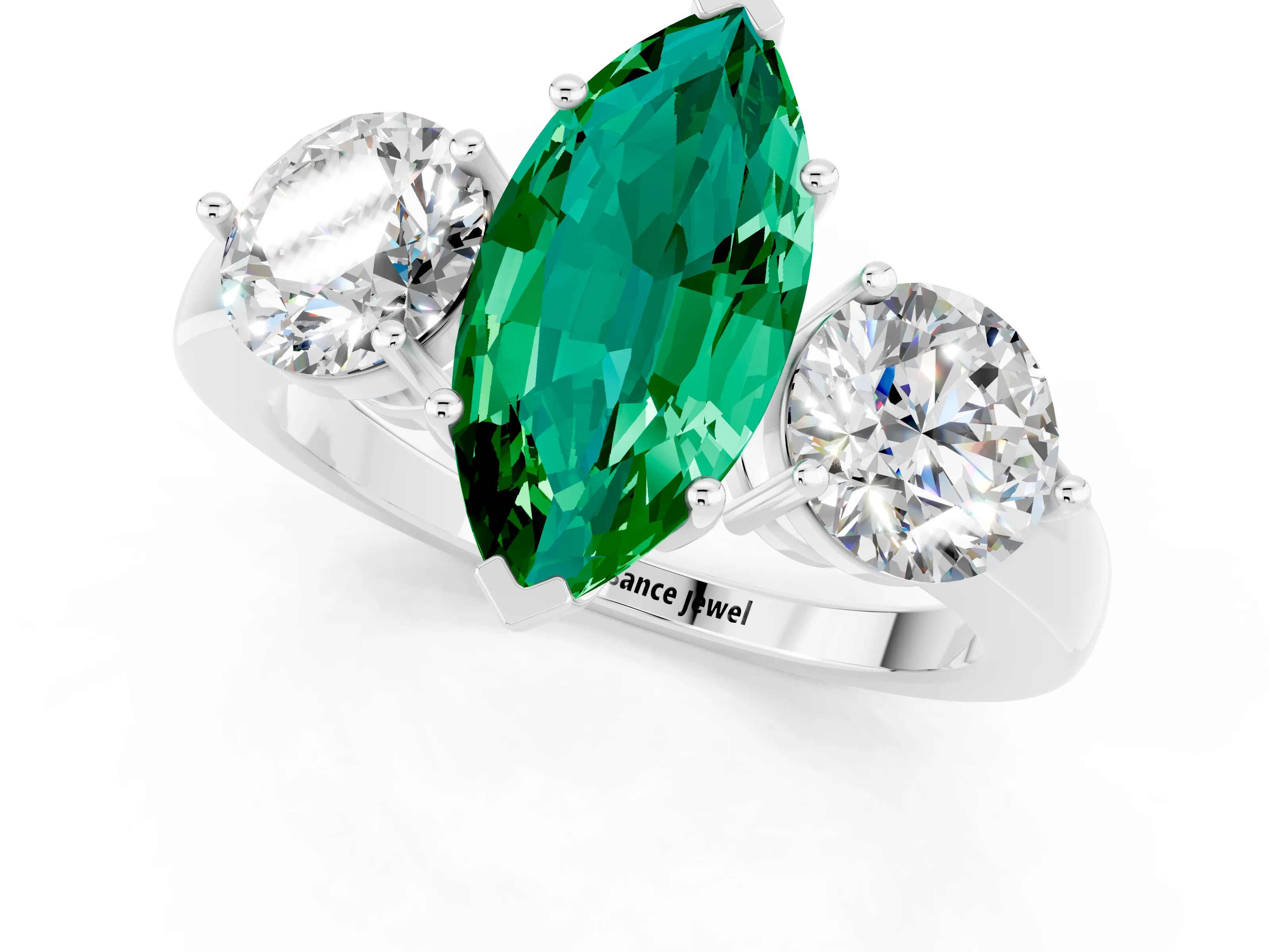 White gold Marquise Cut Emerald Three-Stone Ring with Prong Setting and Classic Band_1