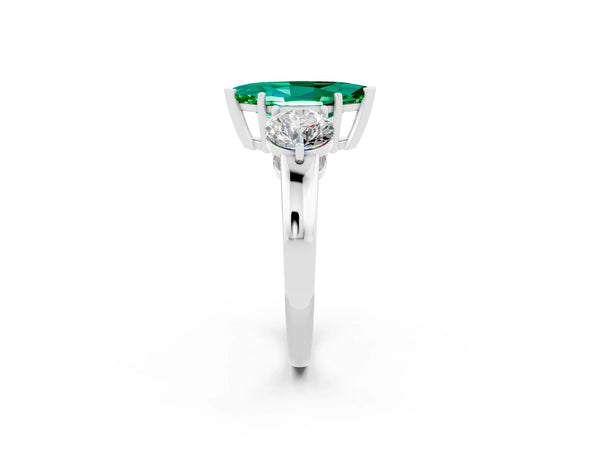 Silver Marquise Cut Emerald Three-Stone Ring with Prong Setting and Classic Band