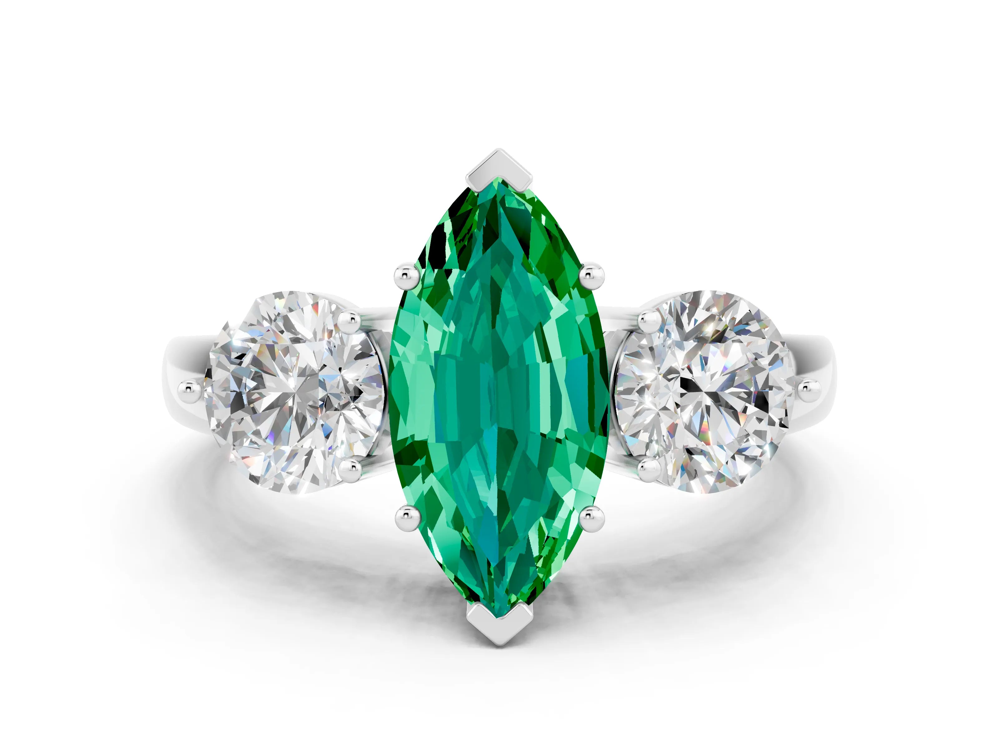 White gold Marquise Cut Emerald Three-Stone Ring with Prong Setting and Classic Band