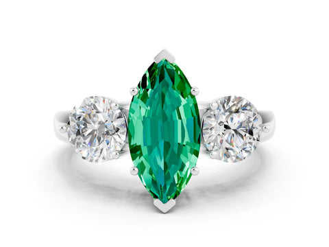White gold Marquise Cut Emerald Three-Stone Ring with Prong Setting and Classic Band