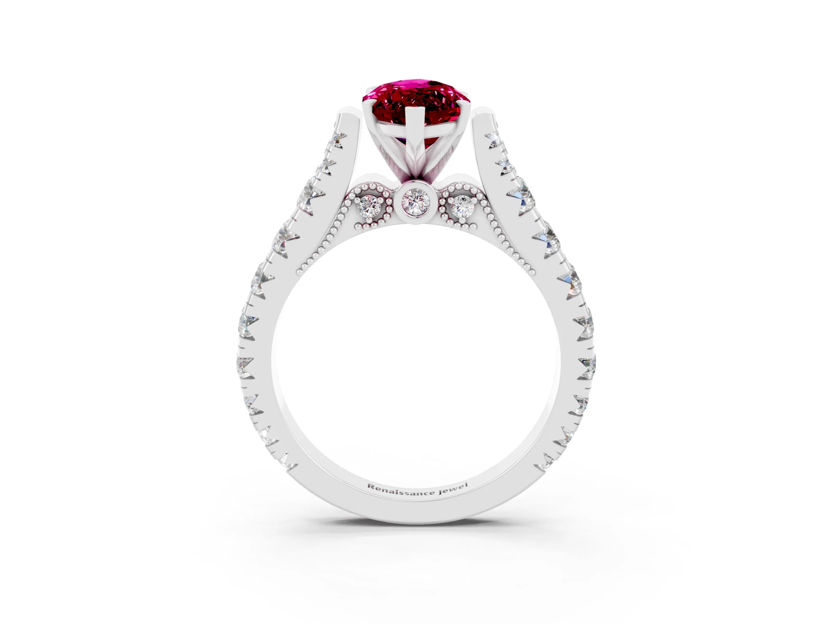 White gold Marquise Cut Garnet Classic Solitaire Ring with Pavé Band and Four-Prong Setting_3