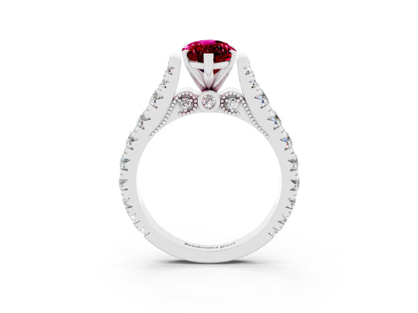 Platinum Marquise Cut Garnet Classic Solitaire Ring with Pavé Band and Four-Prong Setting