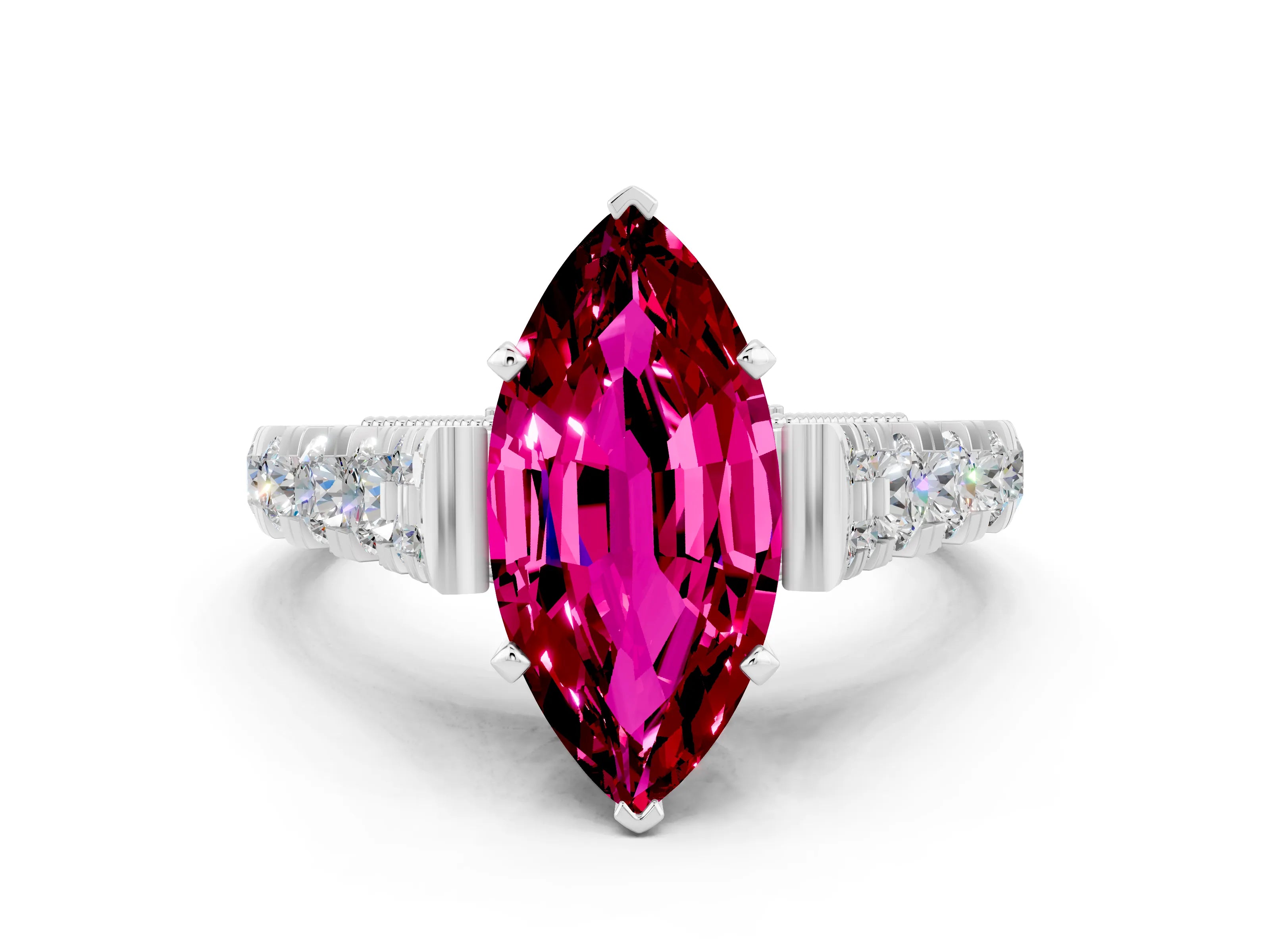 White gold Marquise Cut Garnet Classic Solitaire Ring with Pavé Band and Four-Prong Setting