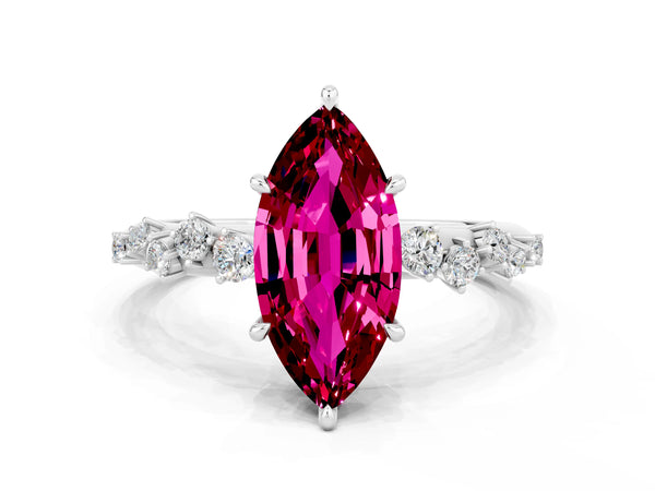 Platinum Marquise Cut Garnet Cluster Side Stone Solitaire Ring with Prong Setting