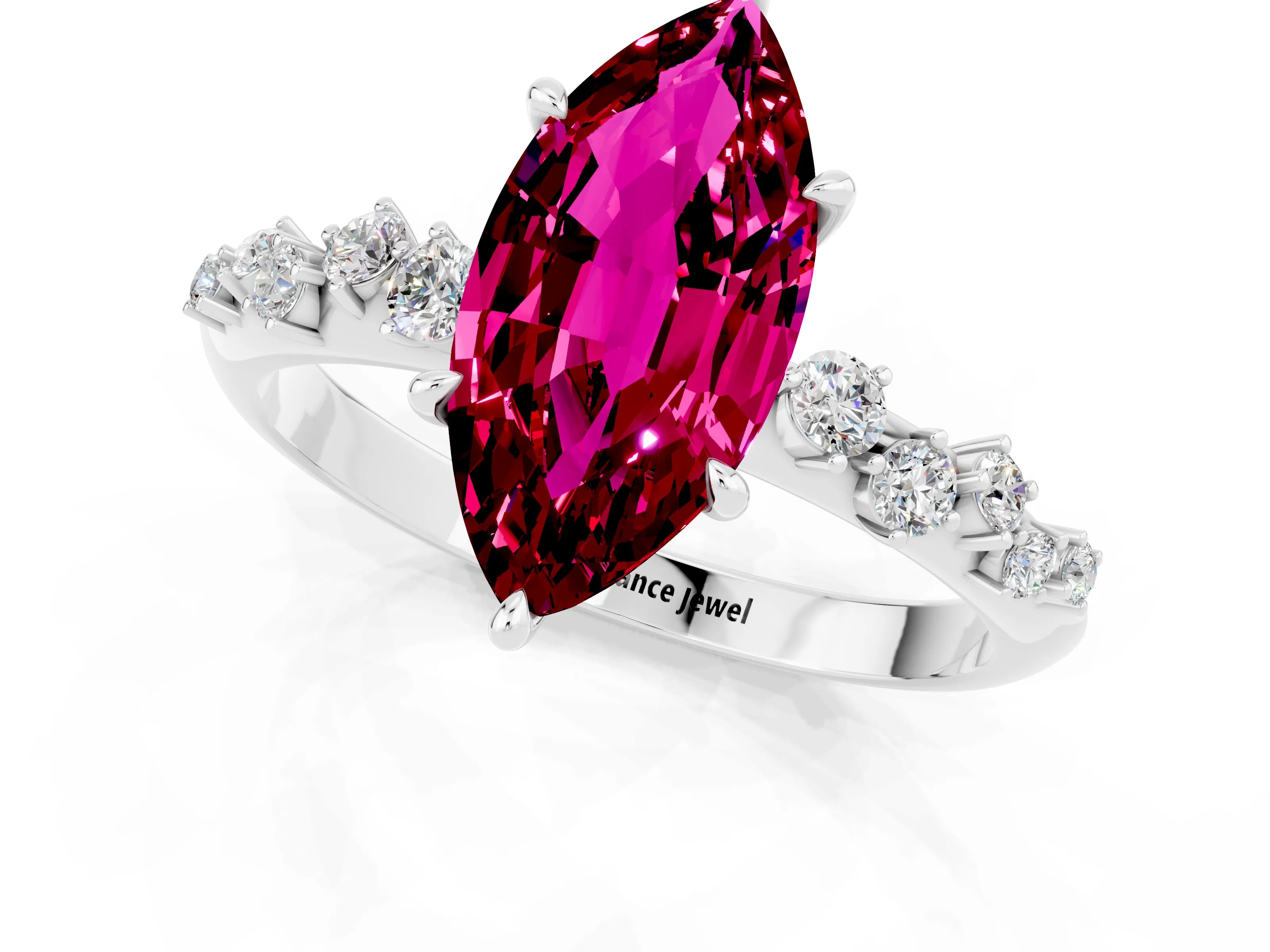 White gold Marquise Cut Garnet Cluster Side Stone Solitaire Ring with Prong Setting_25