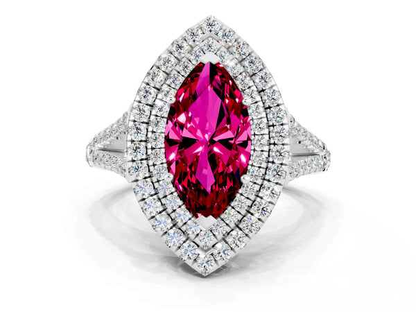 Platinum Marquise Cut Garnet Double Halo Ring with Pavé Band and Prong Setting