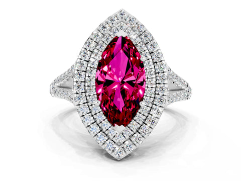 White gold Marquise Cut Garnet Double Halo Ring with Pavé Band and Prong Setting_12
