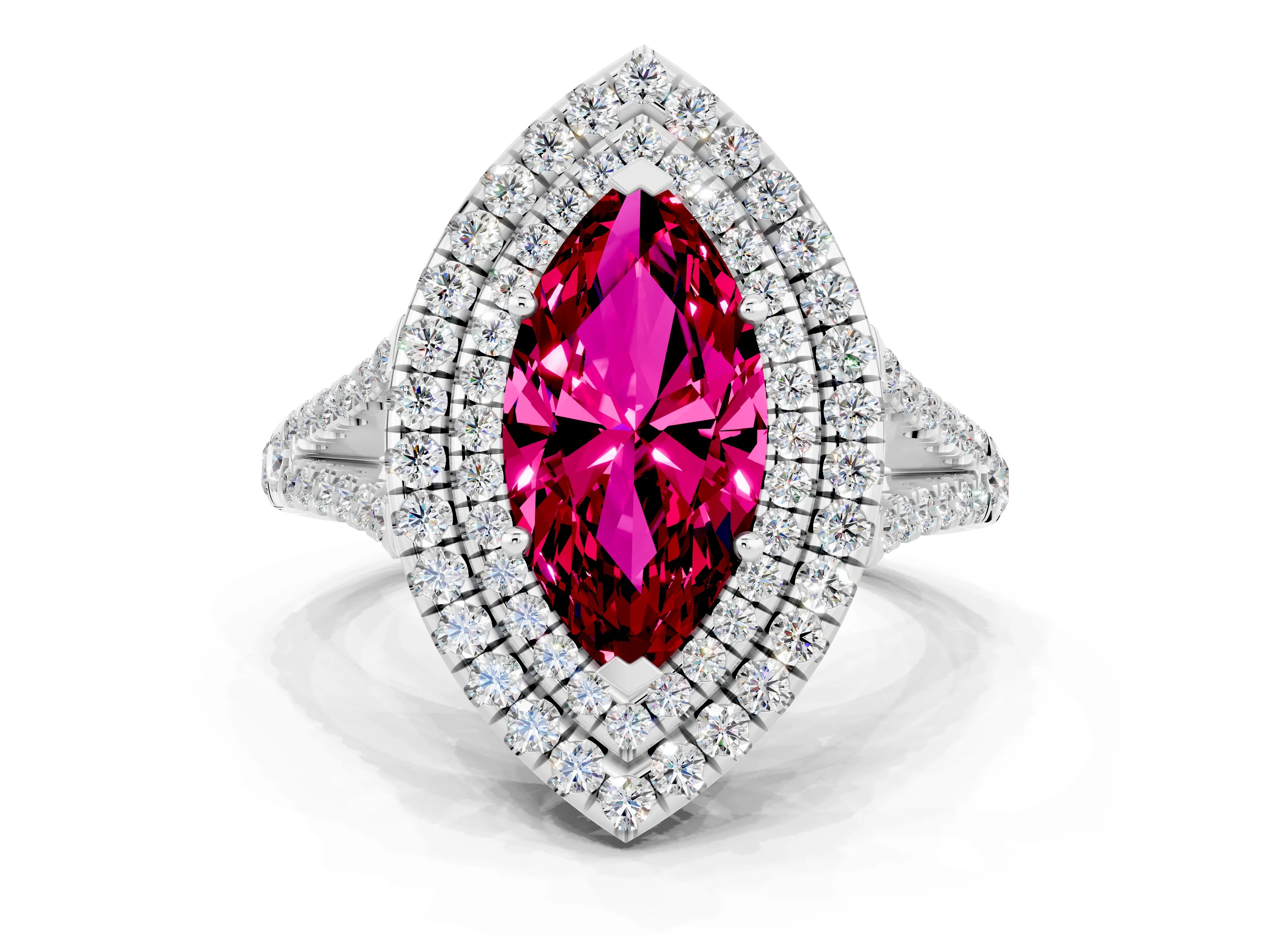White gold Marquise Cut Garnet Double Halo Ring with Pavé Band and Prong Setting_12