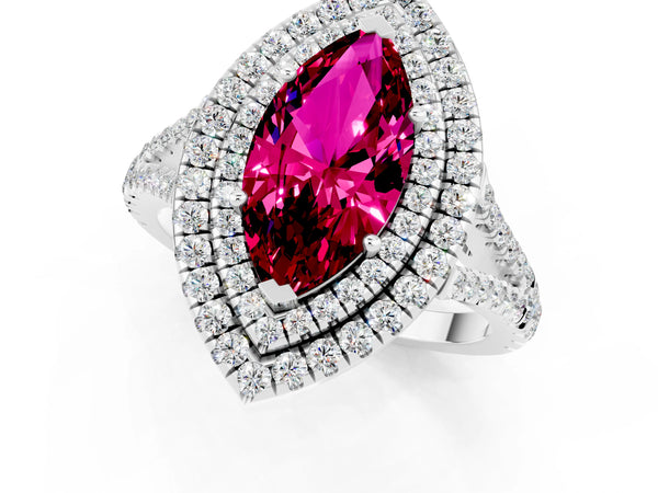Platinum Marquise Cut Garnet Double Halo Ring with Pavé Band and Prong Setting