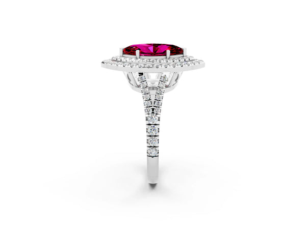 White gold Marquise Cut Garnet Double Halo Ring with Pavé Band and Prong Setting