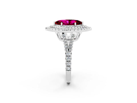 White gold Marquise Cut Garnet Double Halo Ring with Pavé Band and Prong Setting_14