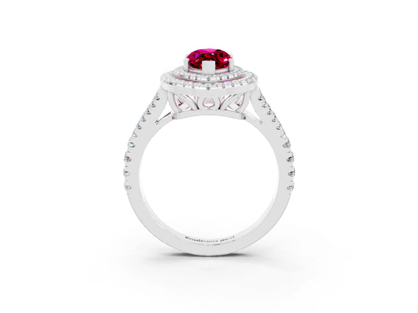 Platinum Marquise Cut Garnet Double Halo Ring with Pavé Band and Prong Setting