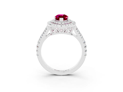 White gold Marquise Cut Garnet Double Halo Ring with Pavé Band and Prong Setting_15