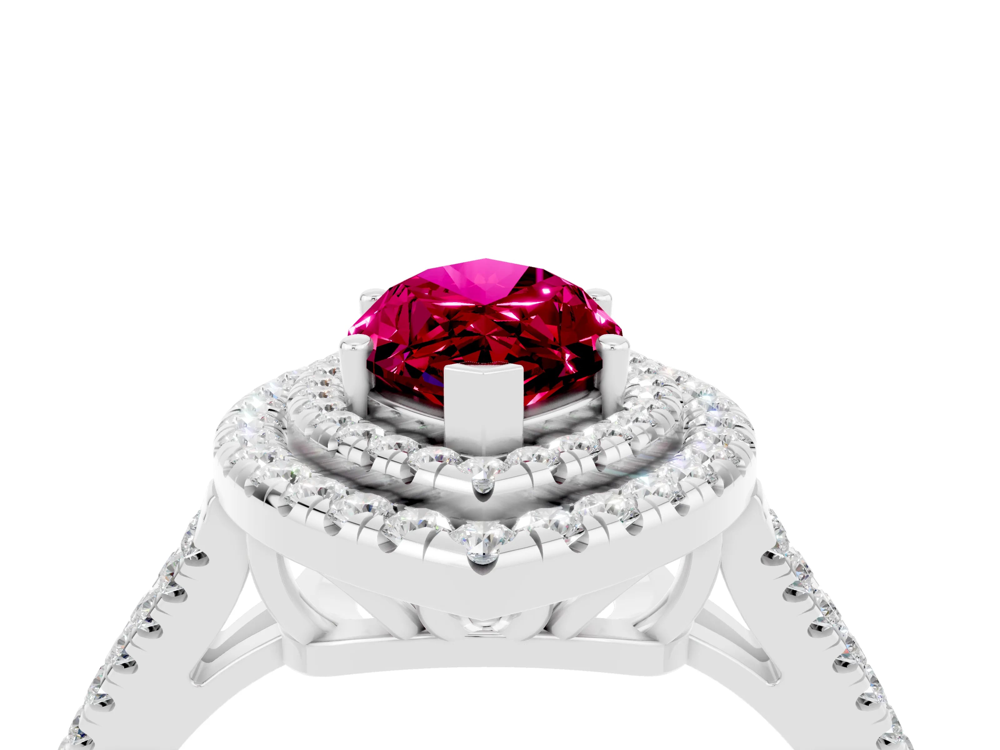 White gold Marquise Cut Garnet Double Halo Ring with Pavé Band and Prong Setting_16