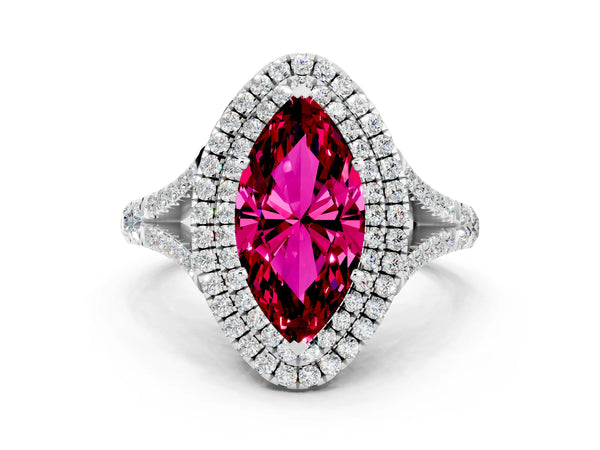 Platinum Marquise Cut Garnet Double Halo Ring with Split Shank and Prong Setting