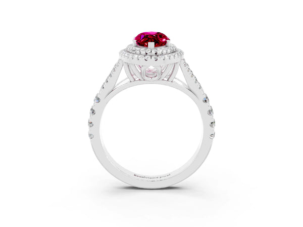 Platinum Marquise Cut Garnet Double Halo Ring with Split Shank and Prong Setting