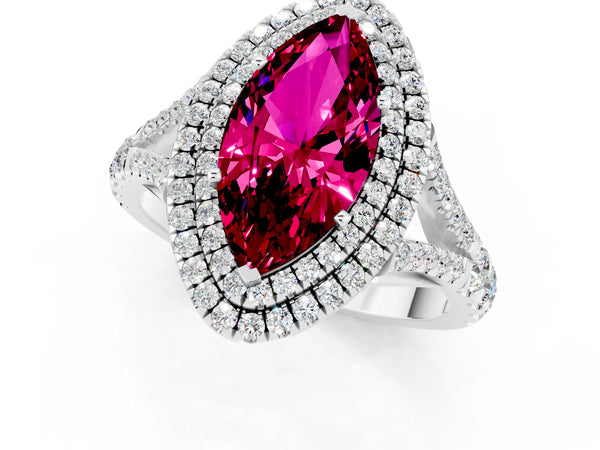 White gold Marquise Cut Garnet Double Halo Ring with Split Shank and Prong Setting