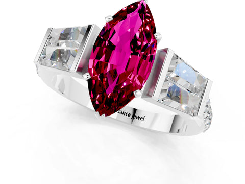 White gold Marquise Cut Garnet Engagement Ring with Baguette Side Stones and Channel Set Band_1