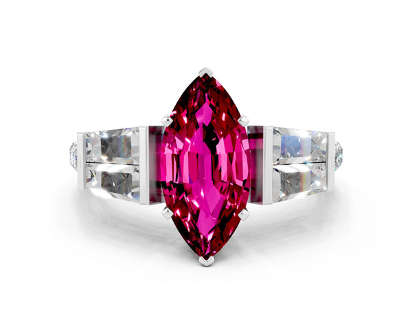 White gold Marquise Cut Garnet Engagement Ring with Baguette Side Stones and Channel Set Band