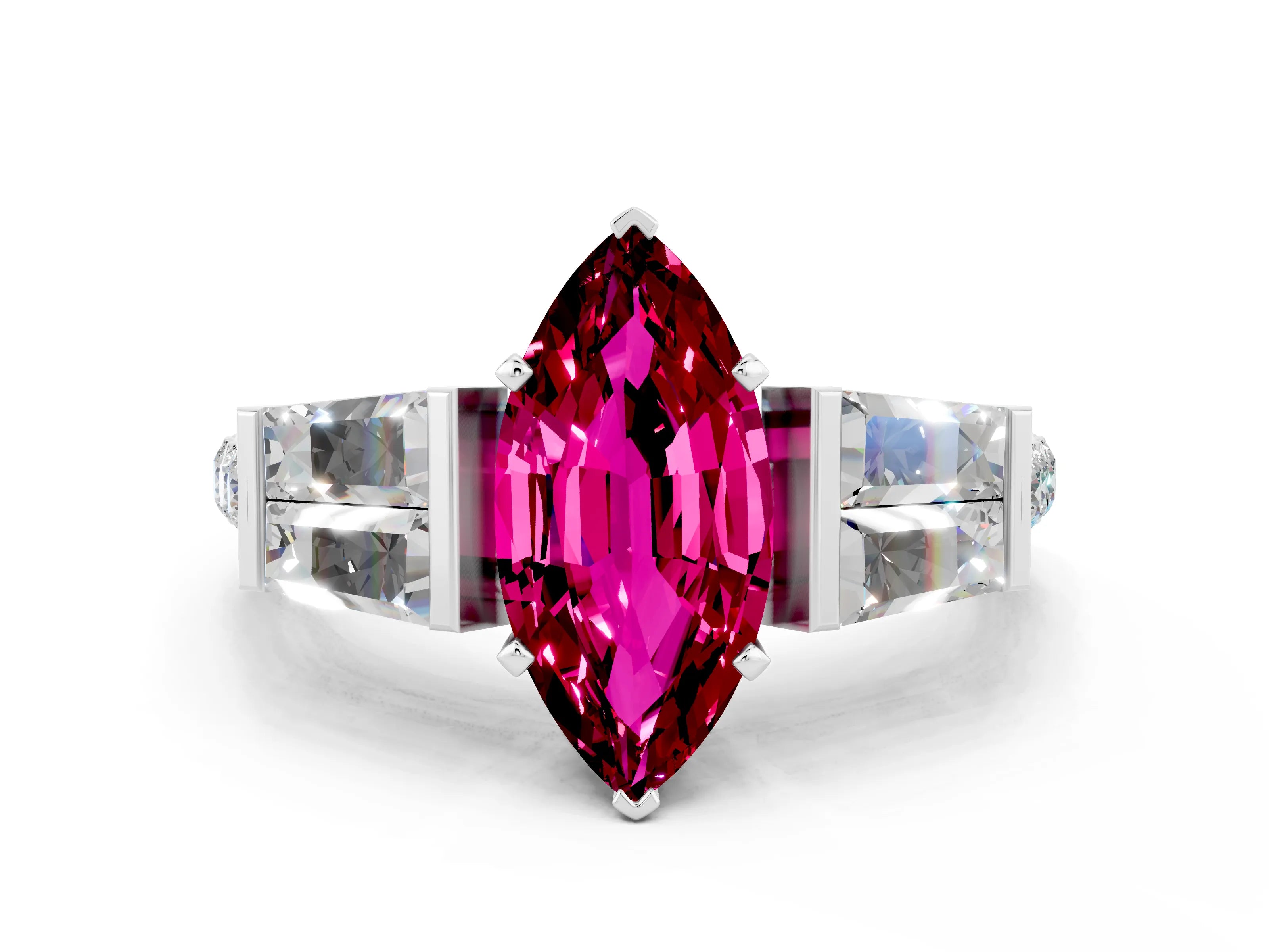 White gold Marquise Cut Garnet Engagement Ring with Baguette Side Stones and Channel Set Band