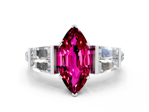 White gold Marquise Cut Garnet Engagement Ring with Baguette Side Stones and Channel Set Band