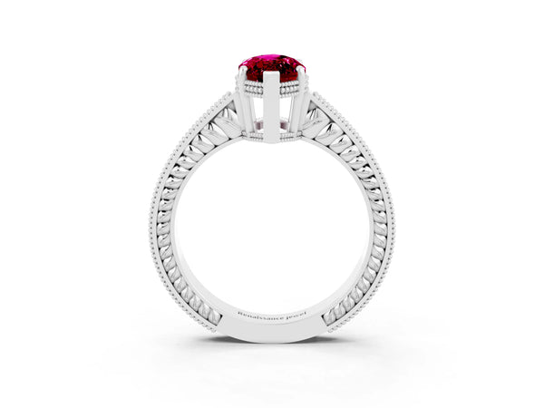 White gold Marquise Cut Garnet Engagement Ring with Milgrain Channel Set Band and Prong Setting