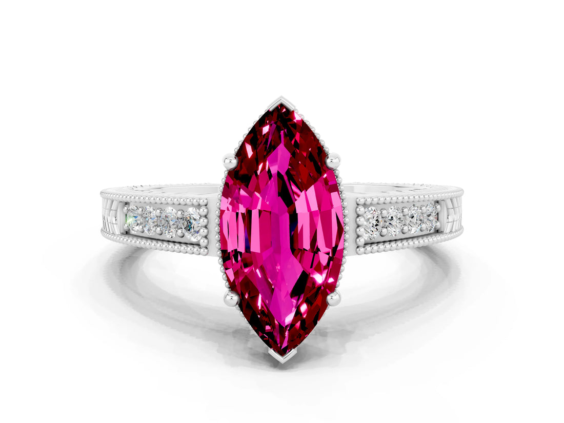 White gold Marquise Cut Garnet Engagement Ring with Milgrain Channel Set Band and Prong Setting