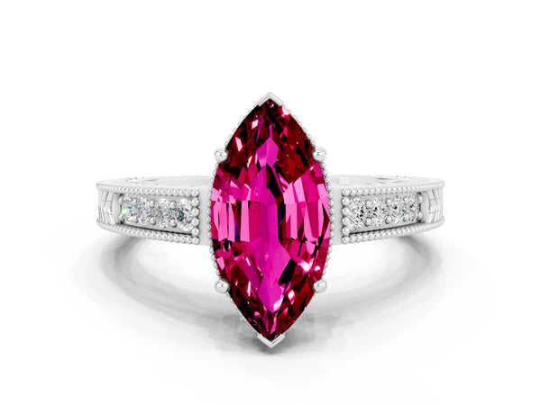 Silver Marquise Cut Garnet Engagement Ring with Milgrain Channel Set Band and Prong Setting