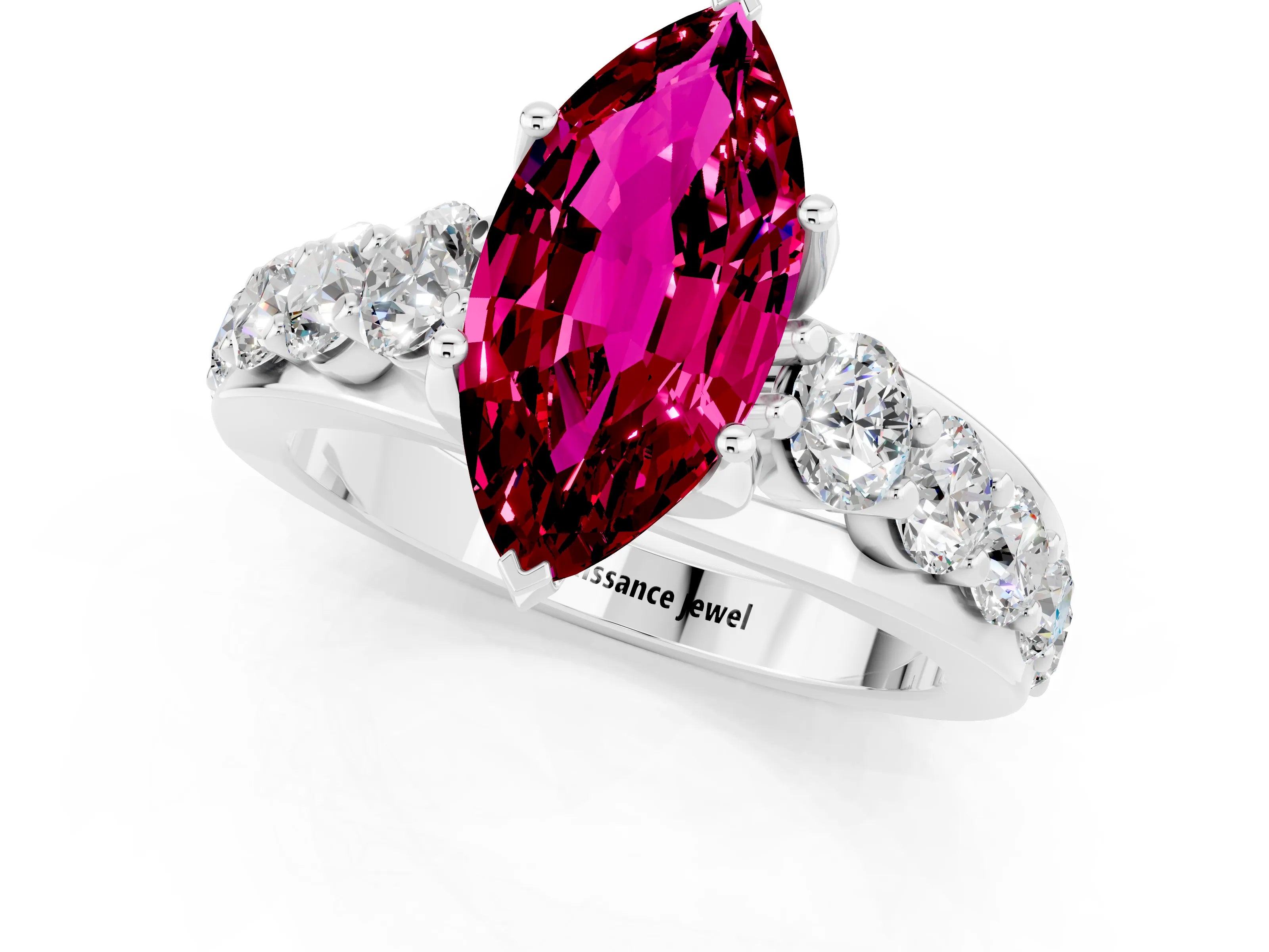 White gold Marquise Cut Garnet Engagement Ring with Pavé Band and Four-Prong Setting_1