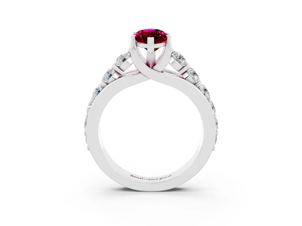 White gold Marquise Cut Garnet Engagement Ring with Pavé Band and Four-Prong Setting