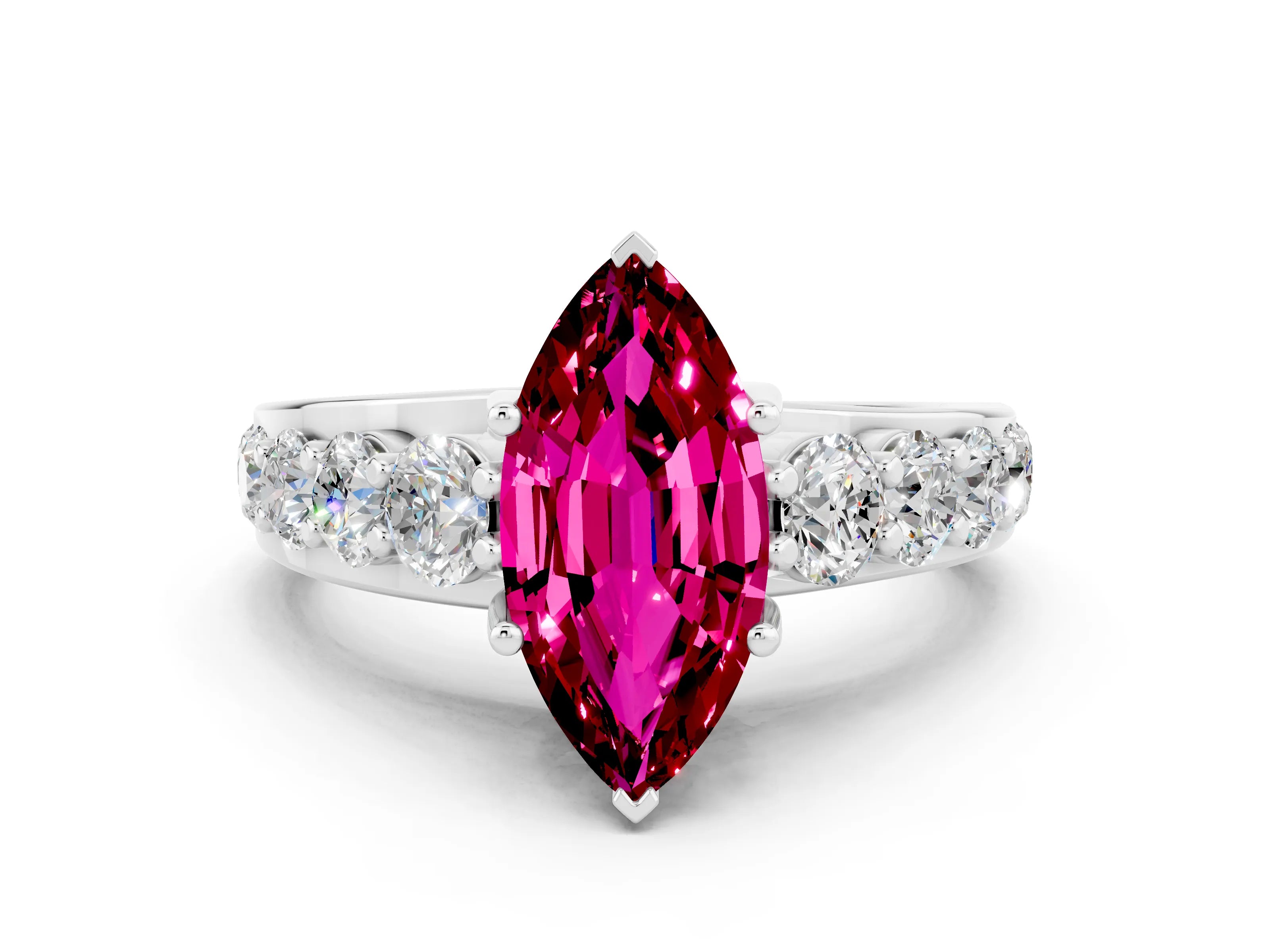 White gold Marquise Cut Garnet Engagement Ring with Pavé Band and Four-Prong Setting