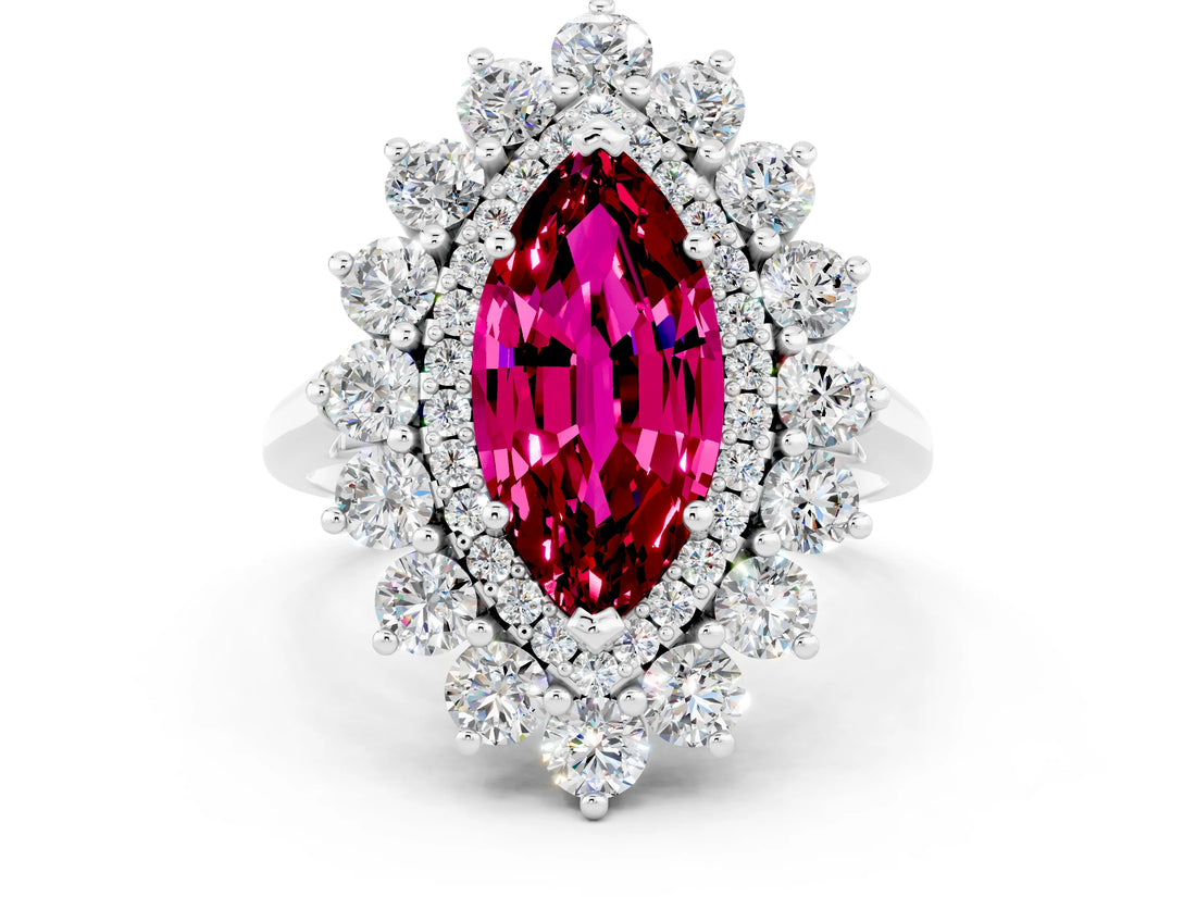 White gold Marquise Cut Garnet Floral Double Halo Engagement Ring with Prong Setting_96