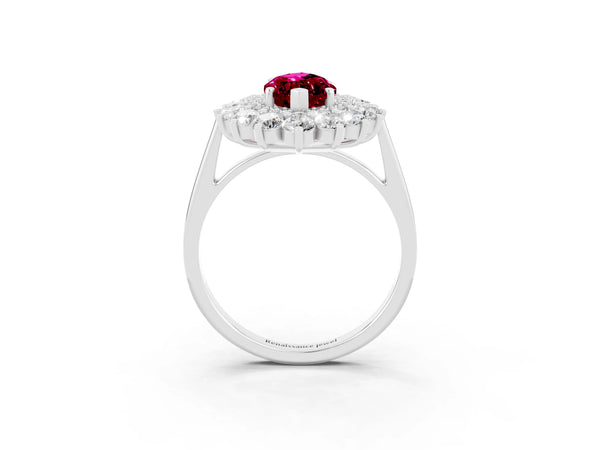 White gold Marquise Cut Garnet Floral Double Halo Engagement Ring with Prong Setting