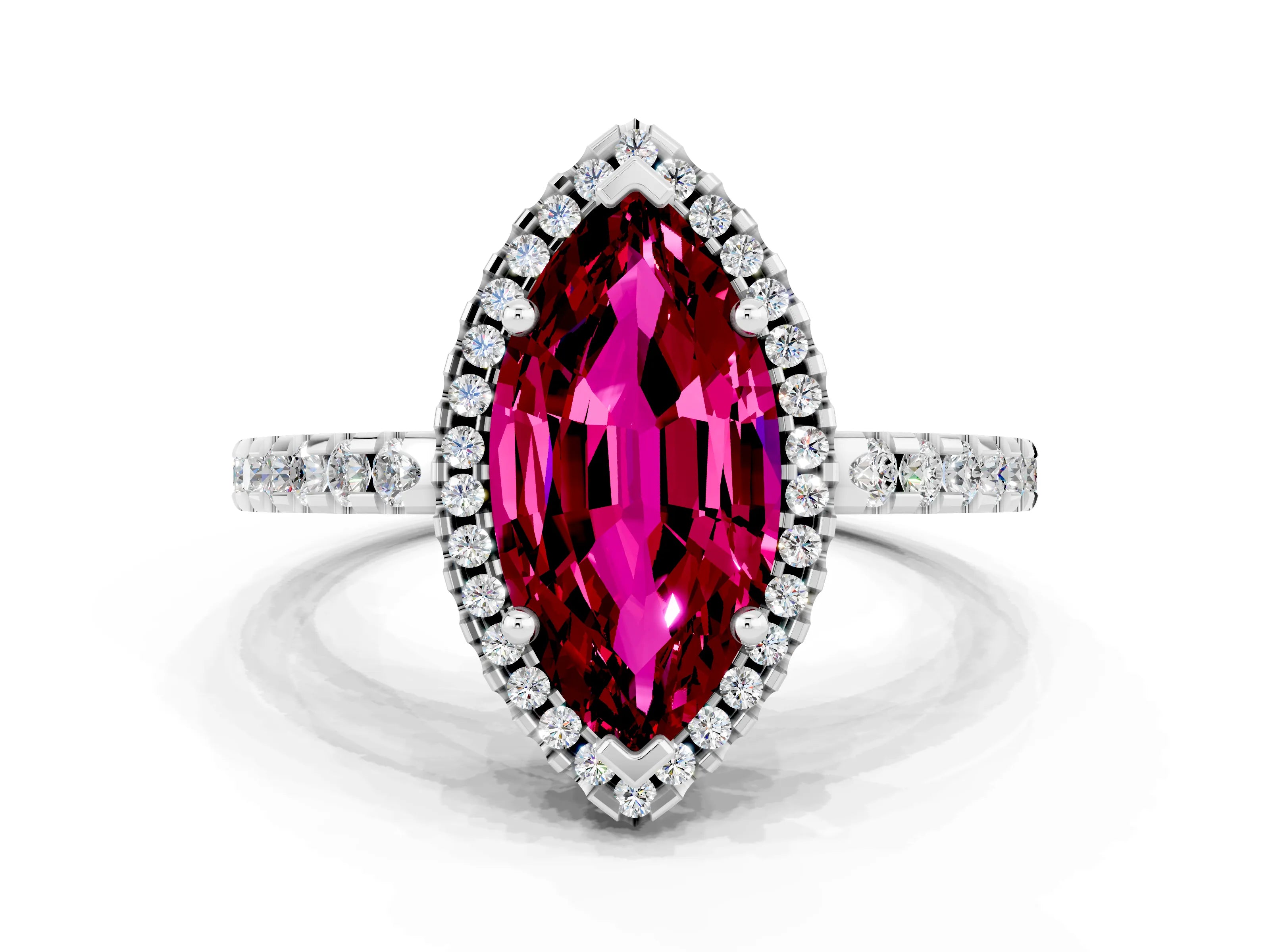 White gold Marquise Cut Garnet Halo Engagement Ring with Pavé Band and Prong Setting_12