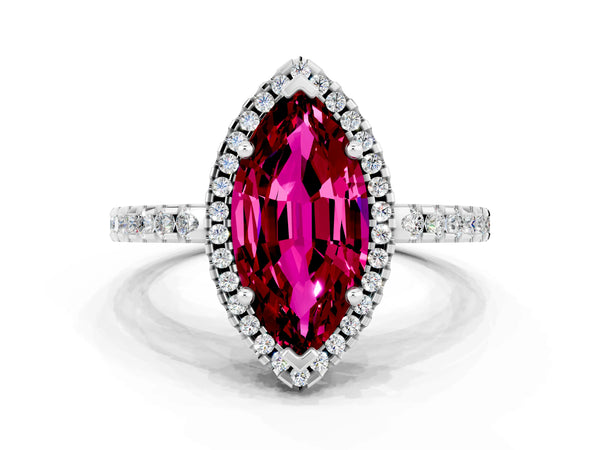 White gold Marquise Cut Garnet Halo Engagement Ring with Pavé Band and Prong Setting