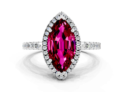 White gold Marquise Cut Garnet Halo Engagement Ring with Pavé Band and Prong Setting_12