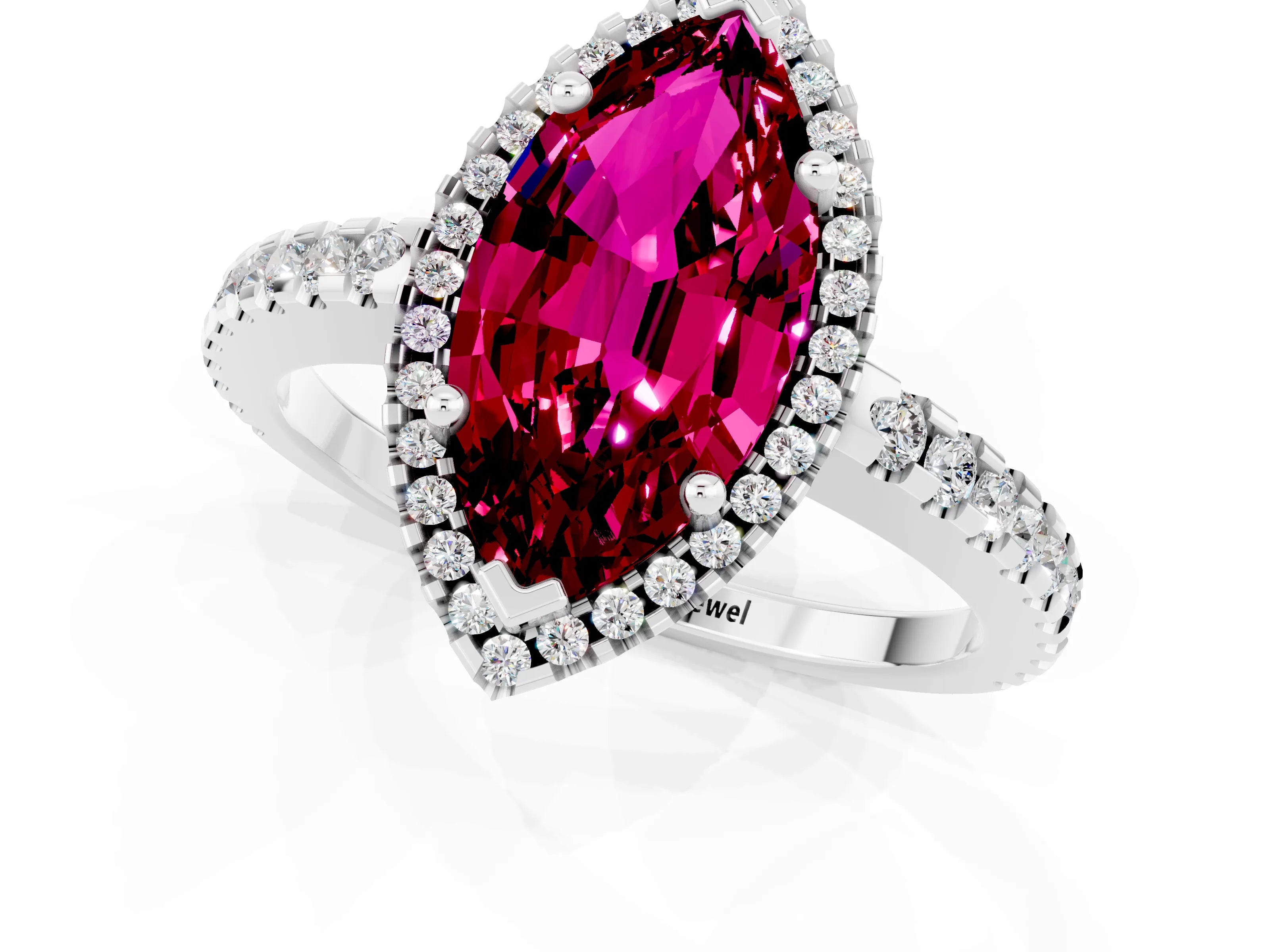 White gold Marquise Cut Garnet Halo Engagement Ring with Pavé Band and Prong Setting_13