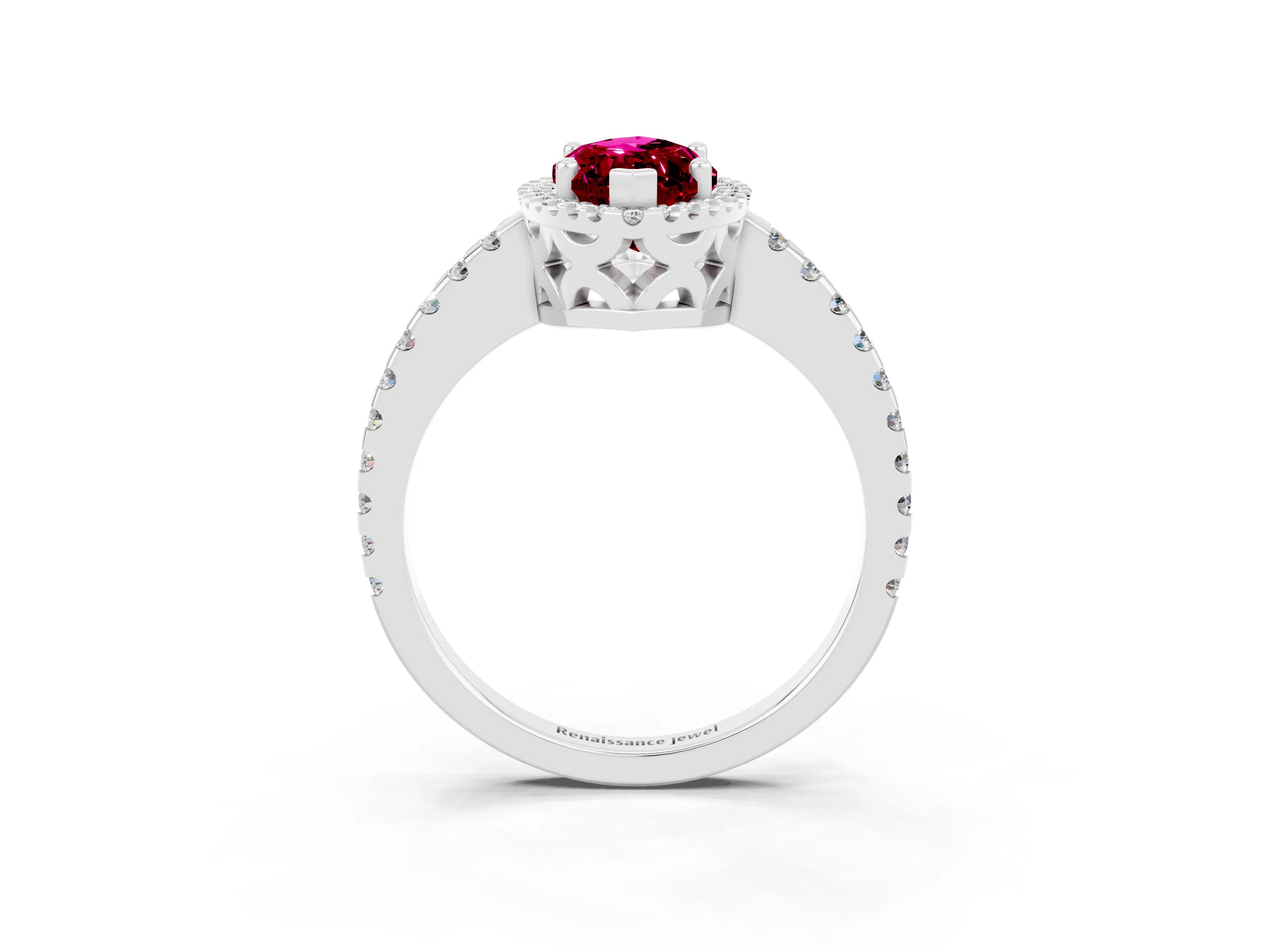 White gold Marquise Cut Garnet Halo Engagement Ring with Pavé Band and Prong Setting_15