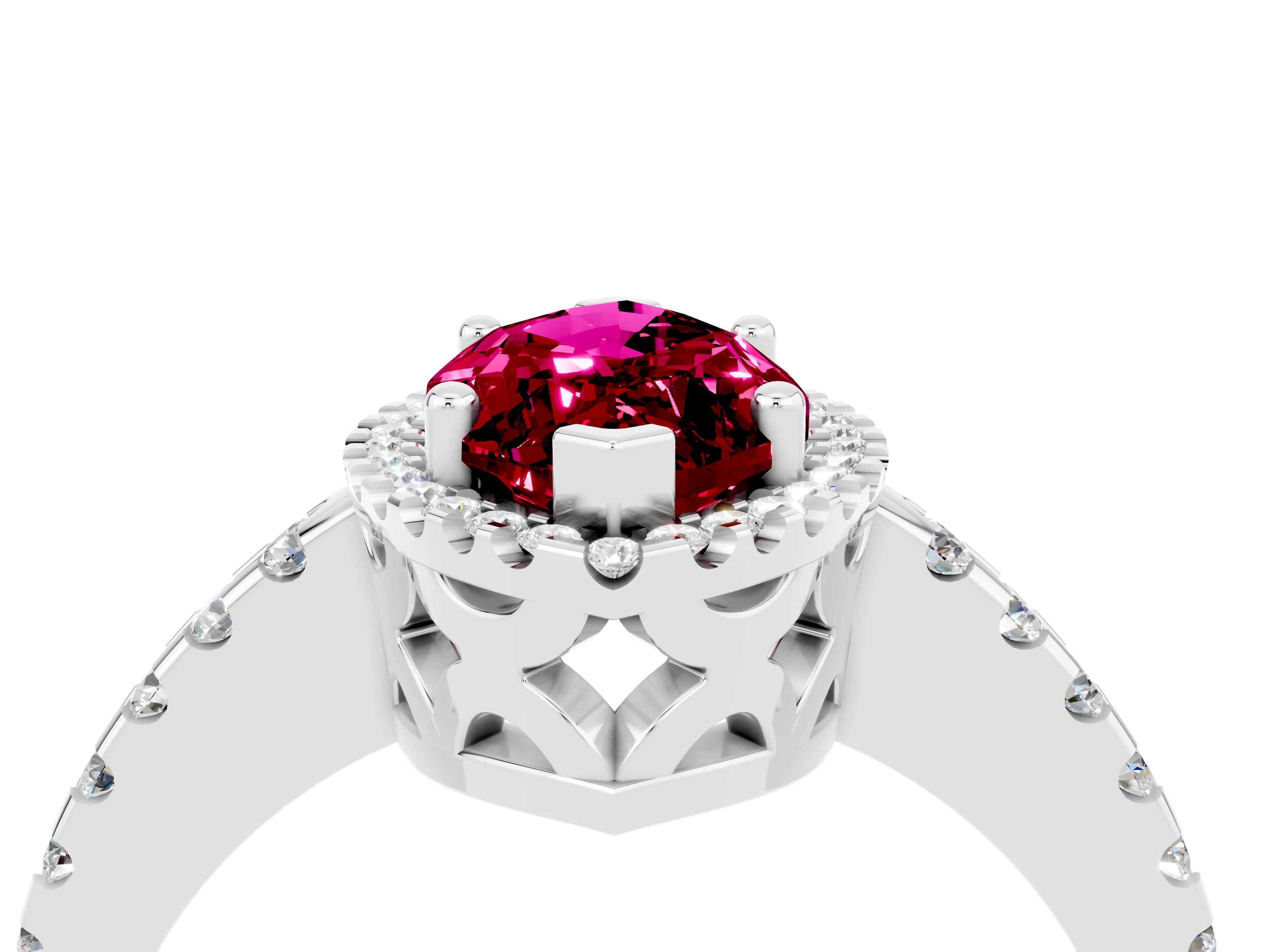 White gold Marquise Cut Garnet Halo Engagement Ring with Pavé Band and Prong Setting_16