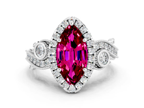 Platinum Marquise Cut Garnet Halo Ring with Milgrain Pavé Band and Four-Prong Setting