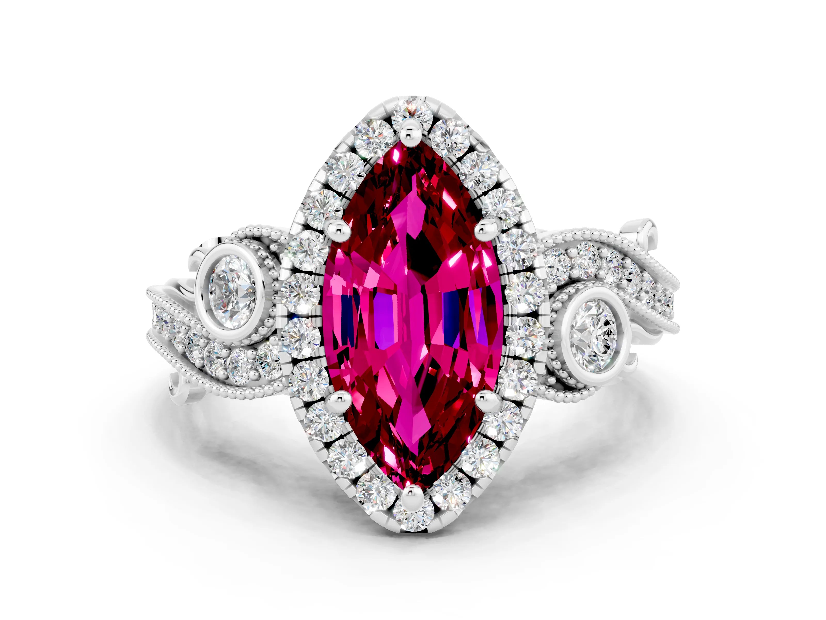 White gold Marquise Cut Garnet Halo Ring with Milgrain Pavé Band and Four-Prong Setting_12
