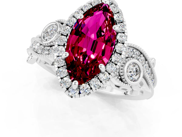 Silver Marquise Cut Garnet Halo Ring with Milgrain Pavé Band and Four-Prong Setting