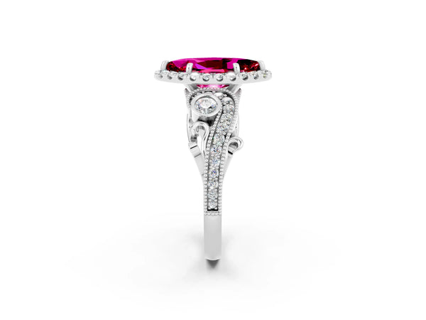 Silver Marquise Cut Garnet Halo Ring with Milgrain Pavé Band and Four-Prong Setting