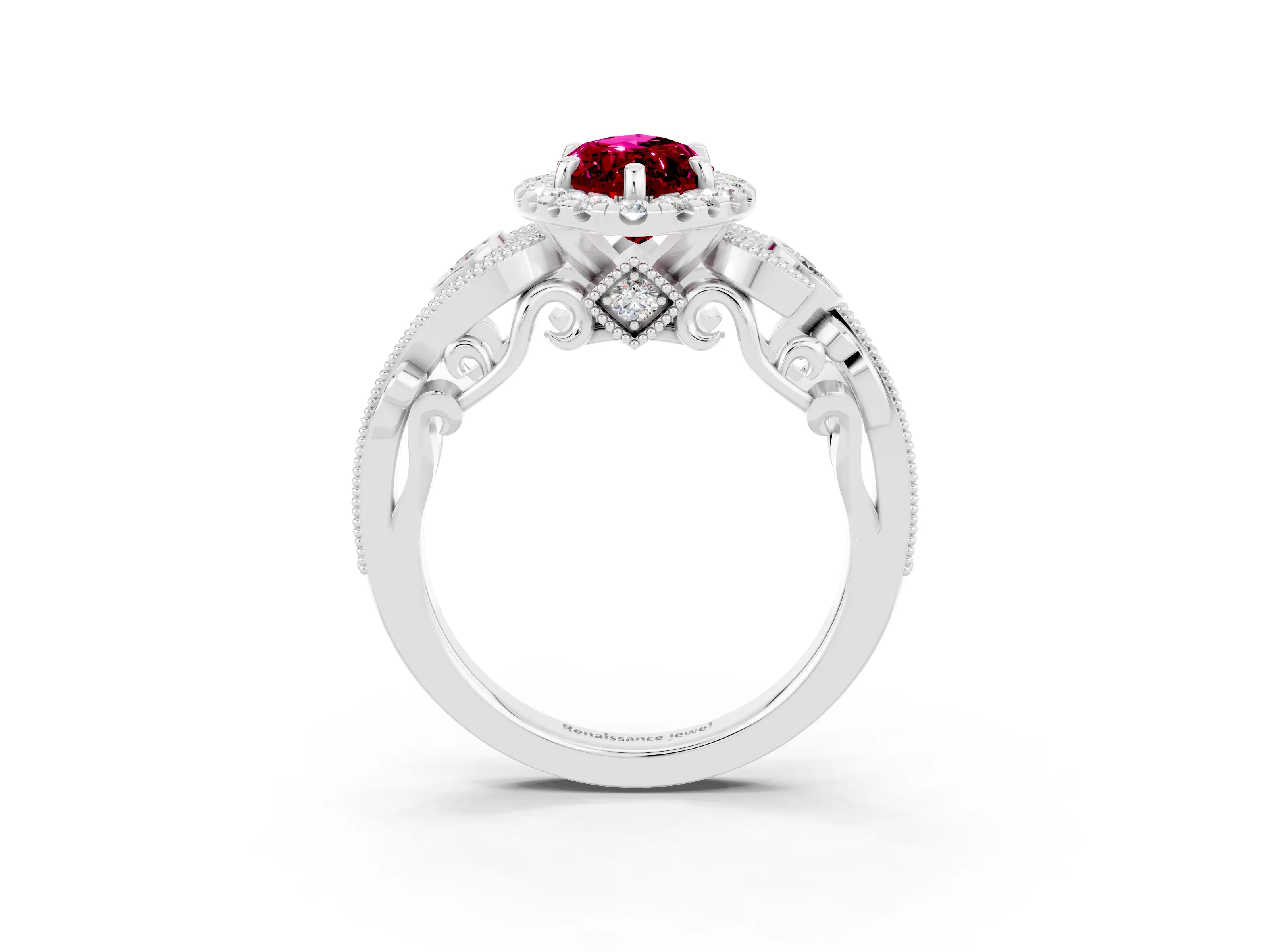 White gold Marquise Cut Garnet Halo Ring with Milgrain Pavé Band and Four-Prong Setting_15