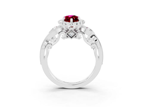 White gold Marquise Cut Garnet Halo Ring with Milgrain Pavé Band and Four-Prong Setting_15