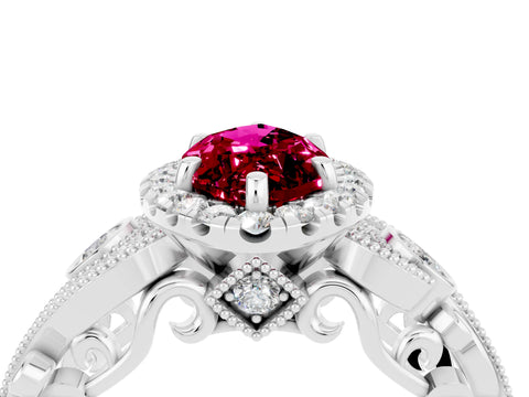 White gold Marquise Cut Garnet Halo Ring with Milgrain Pavé Band and Four-Prong Setting_16